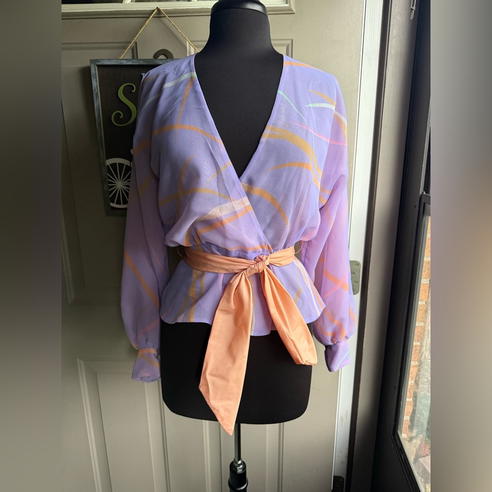 Vintage 70/80s handmade abstract pastel sheer wrap waist tie blouse, size 4/6